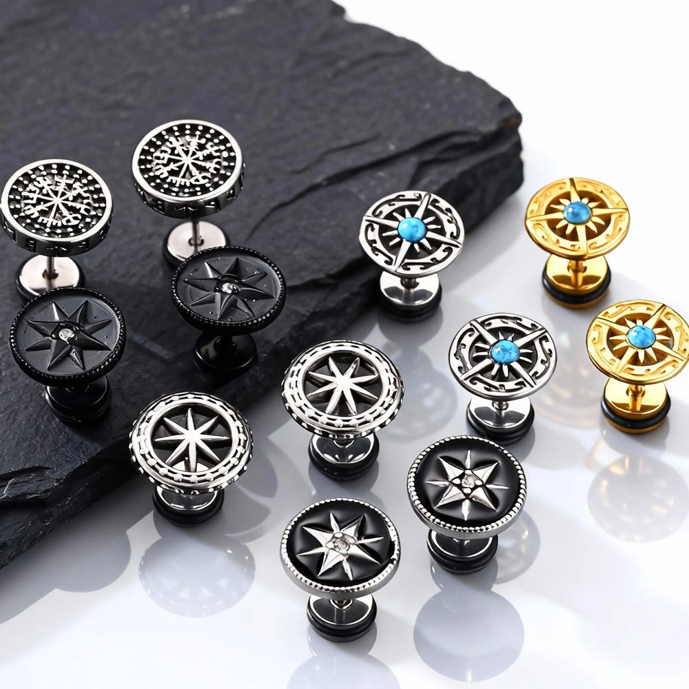 Vintage Men's Compass Stud Earrings | Stainless Steel Eight-Pointed Star Fashion Jewelry detail view