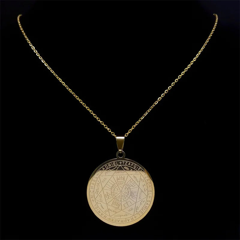 Seal of Seven Archangels Medal Stainless Steel Necklace Seal of Solomon Saint Michael close-up view