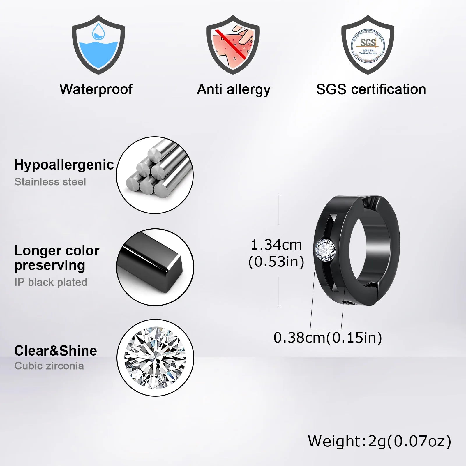 Vnox Stainless Steel Zircon Ear Clip Black 3.8*13.4mm, Anti Allergy Non Piercing Earri close-up view