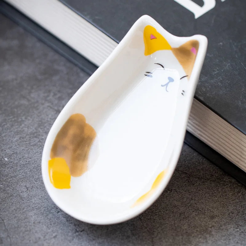 Japanese Ceramic Cat Incense Tray and Sauce Dish | Cute Animal Seasoning Plate for additional angle