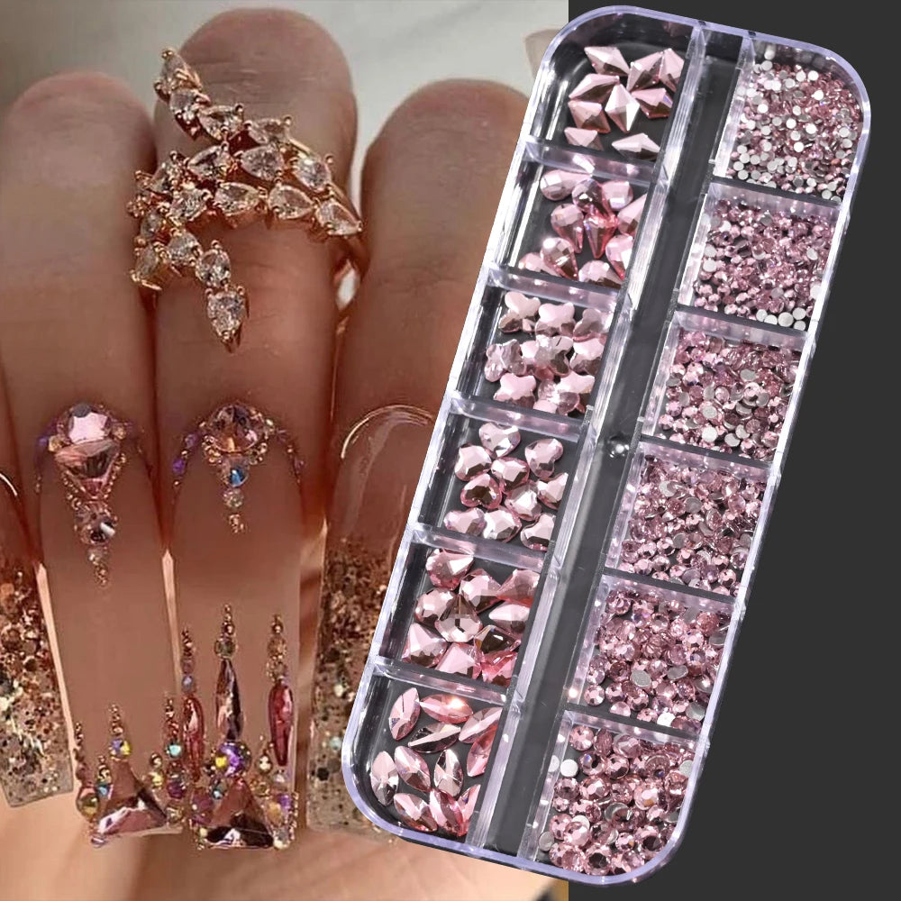 12Grids Pink Mixed Nail Rhinestones Luxury Nail Charms Glitter Crystal Jewelry Gems Na close-up view