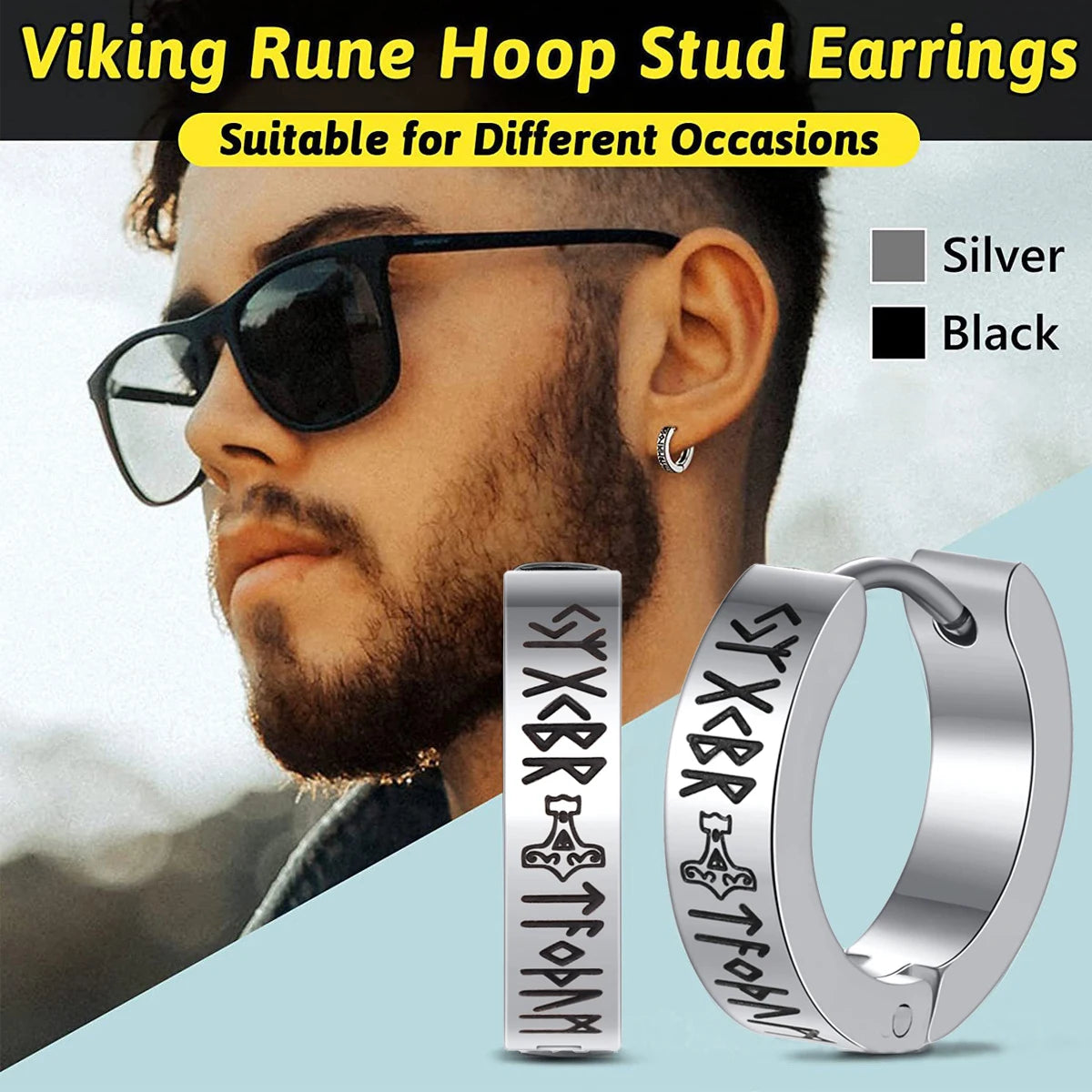 1Pc Norse Viking Runes Hoop Earrings for Men Women Stainless Steel Huggie Hoop Earrin alternate view