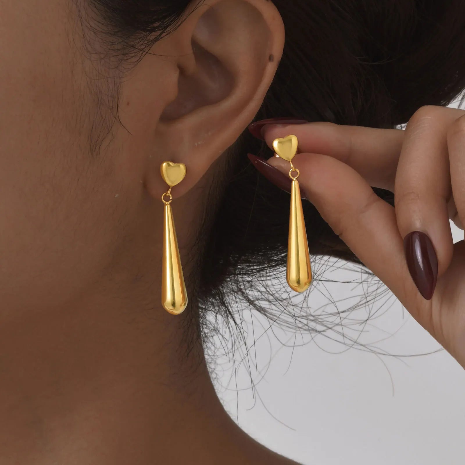 Vnox Sweet Heart Long Tear Drop Earrings | Stainless Steel Water Droplet Piercing Jew alternate view