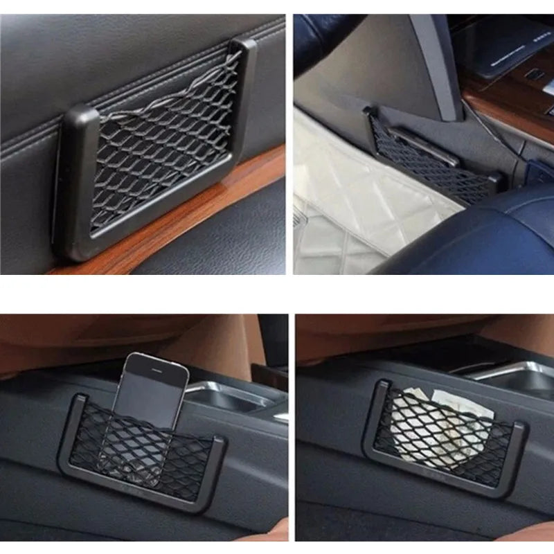 1pcs/2pcs Car Organizer Storage Bag Auto Paste Net Pocket Phone Holder Car Accessorie lifestyle view