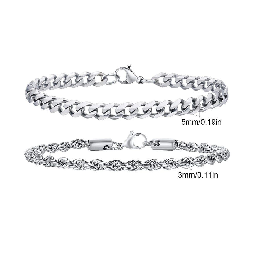 Men's Stainless Steel Chain Bracelets Set | 2pcs Silver Gold Black Twist Rope & Cub additional angle
