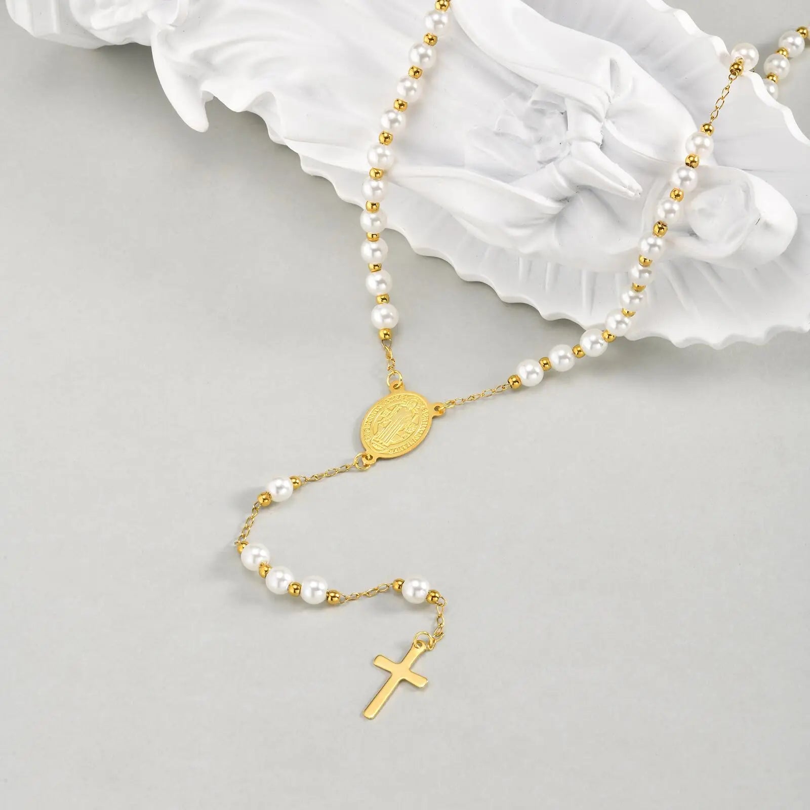 Vnox Stainless Steel Pearl Rosary Beaded Necklace,Virgin Mary Religious Cross Necklace For Women,Prayer Jewelry 65cm Long Chain