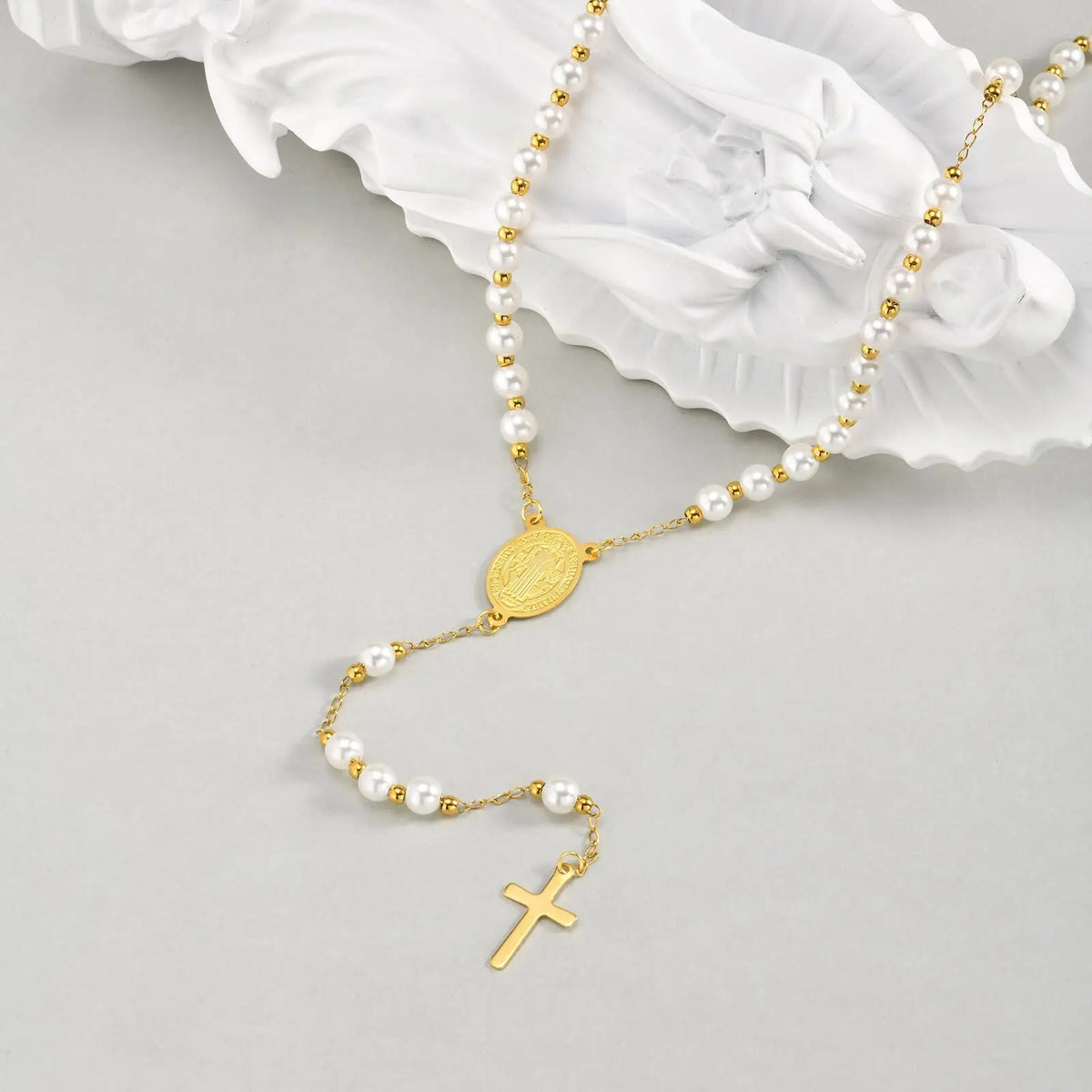 Vnox Stainless Steel Pearl Rosary Beaded Necklace,Virgin Mary Religious Cross Necklace For Women,Prayer Jewelry 65cm Long Chain