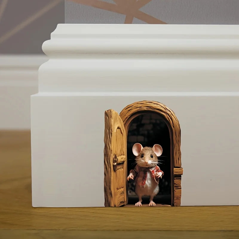 Whimsical 3D Mouse Hole Wall Decal | Adorable Red-Coated Mouse Peeking Design PVC Sti alternate view