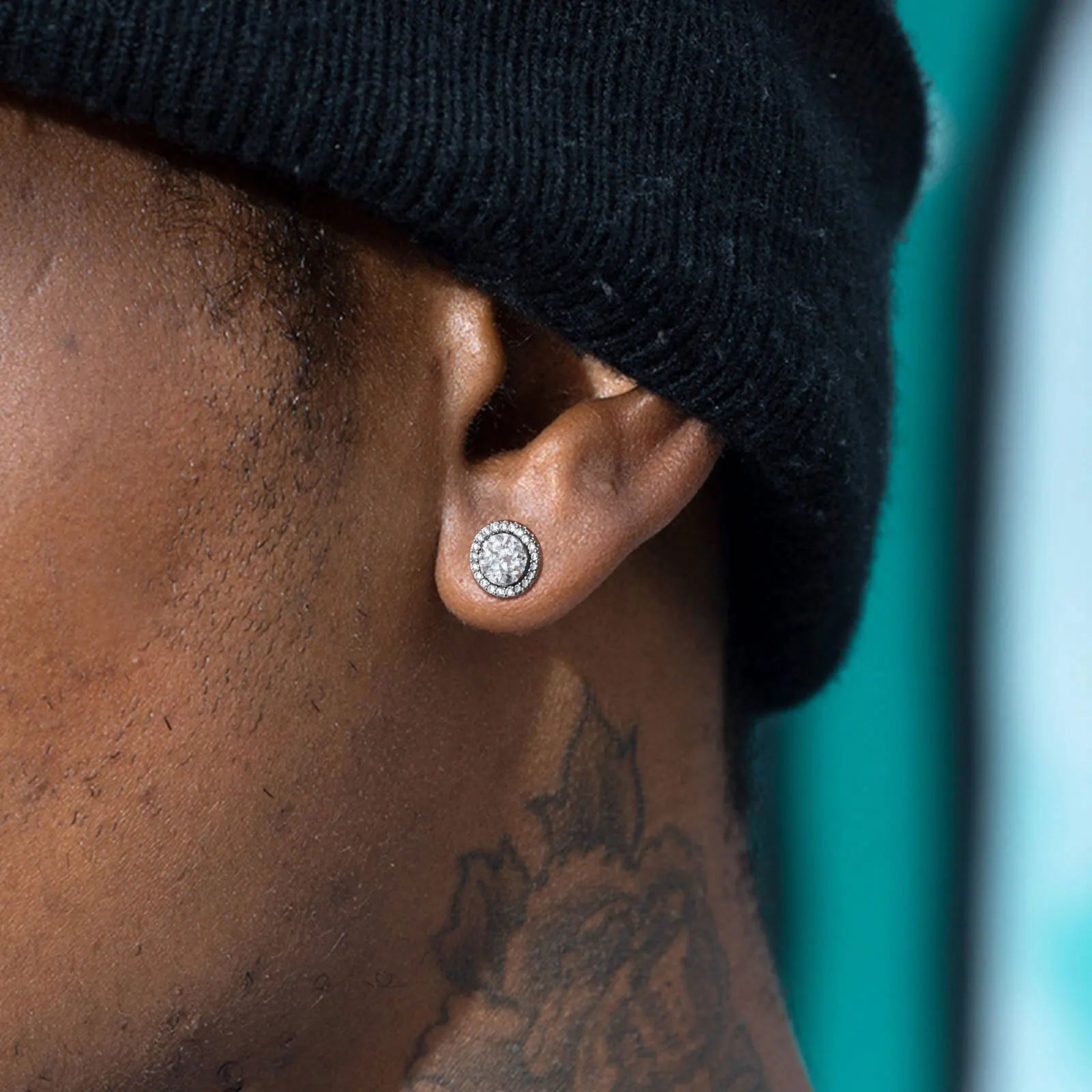 Vnox Black Crystal Round Circle Earrings for Men, Full Blue CZ Stone Ring Stud Earring close-up view