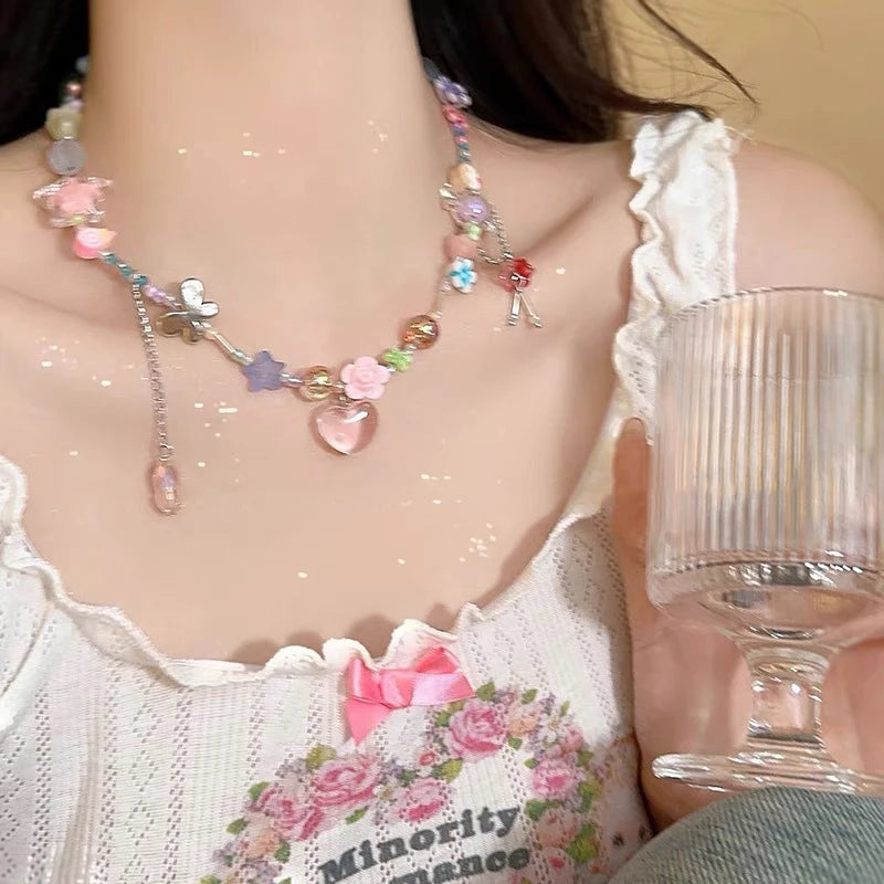 Colorful Candy Beaded Choker Necklace | Y2K Sweet Cute Short Clavicle Chain close-up view