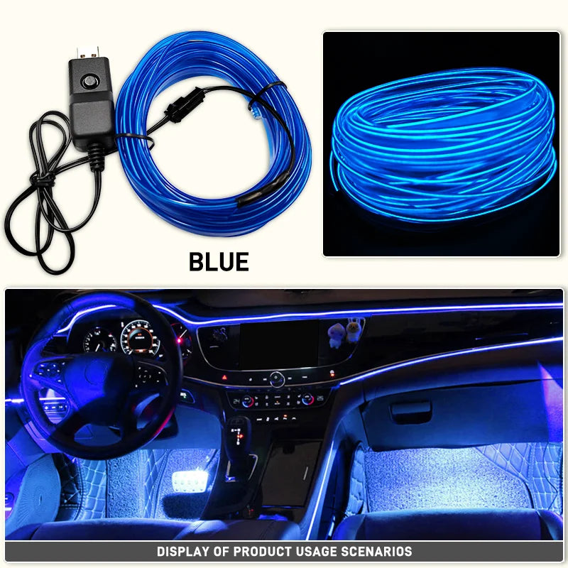 Car Interior EL Wire Neon Strip Lights | DIY Flexible Atmosphere LED Lamp for Dashboar close-up view