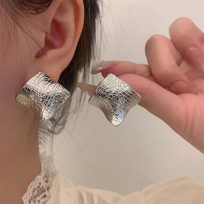 PANJBJ925 Sterling Silver Frosting Hoop Earrings For Women Texture Geometry Design additional angle