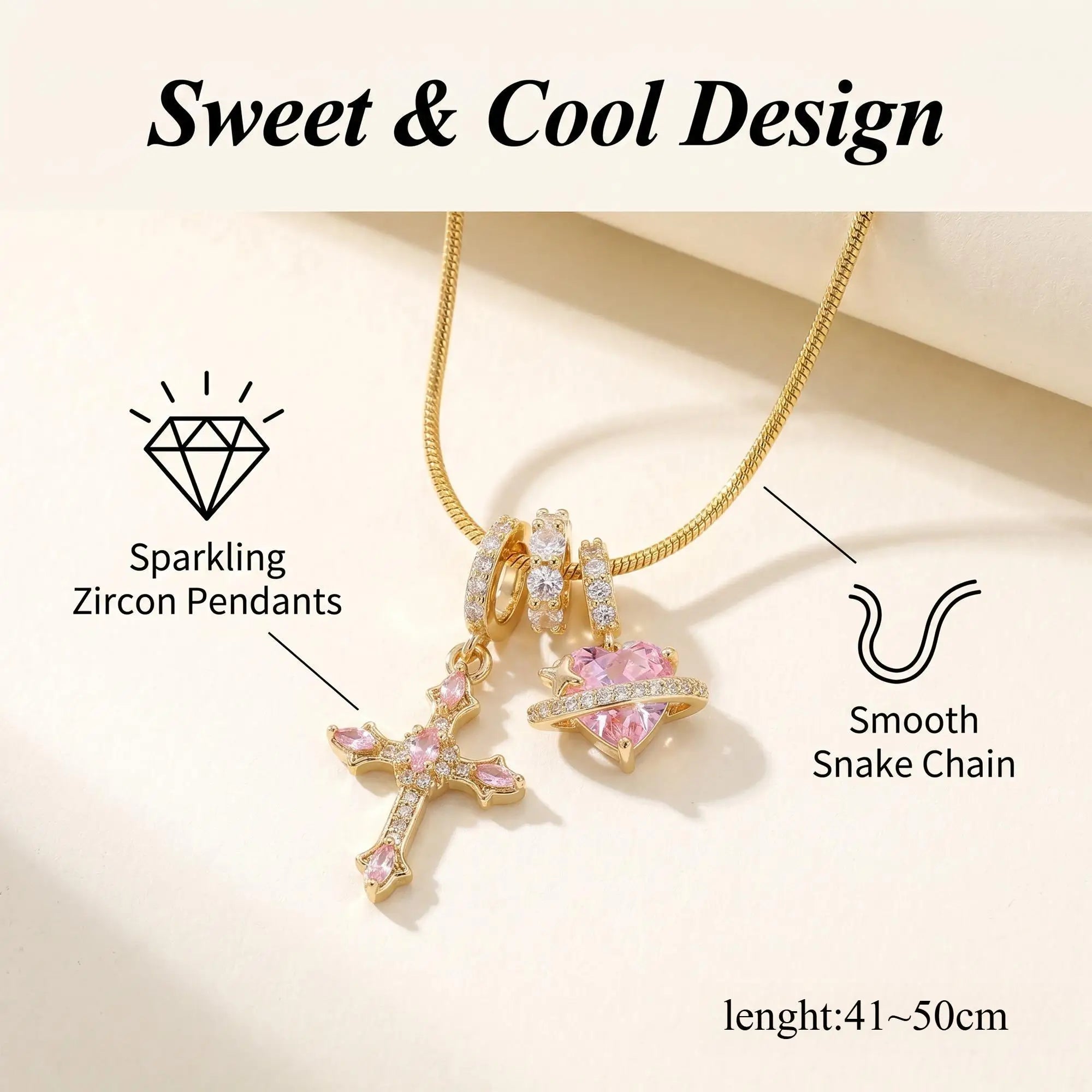 Heart Cross Pendant Necklace for Women Stainless Steel Necklace 14K Gold Plated Snake alternate view
