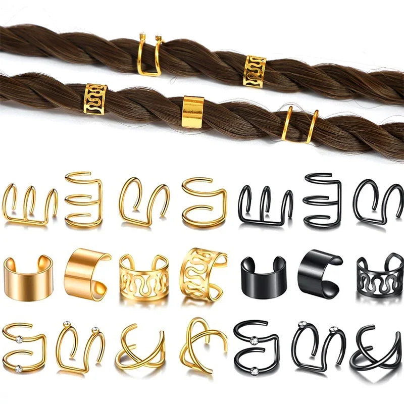 12PCS Hair Cuffs Beads for Braid Rhinestone Hair Piercing Rings Pigtails Decorations for Dreadlocks