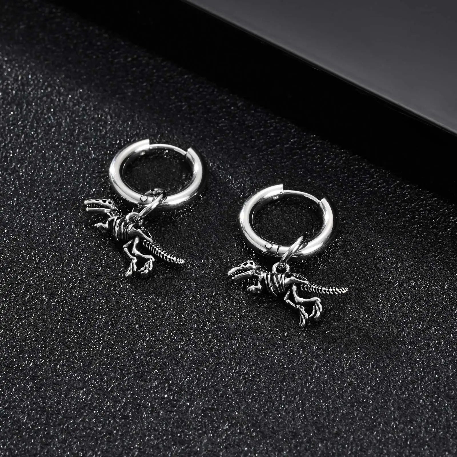 Dinosaur Drop Earrings | Stainless Steel Punk Rock Jewelry for Men and Women alternate view