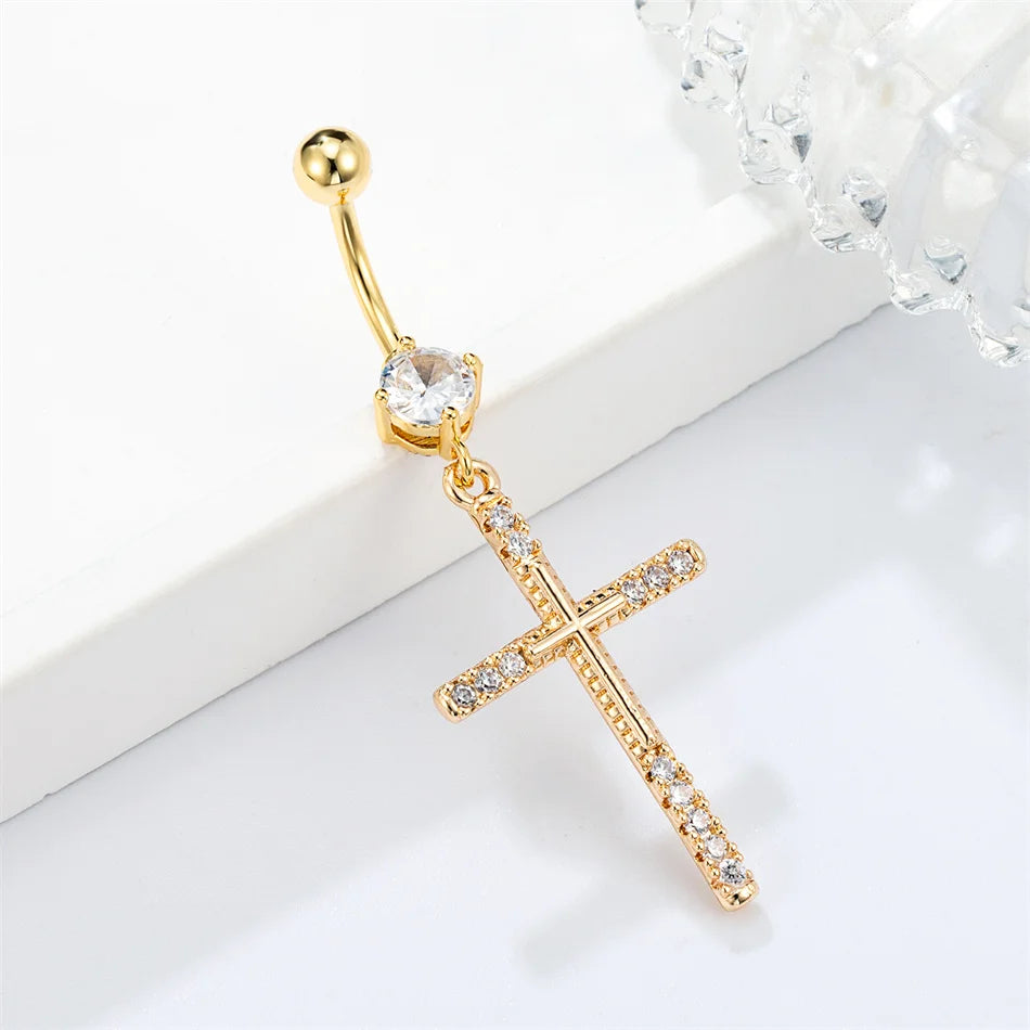 Internal Thread Titanium Navel Rings Dangle CZ Cross Jesus Mother Golden Belly Pier additional angle