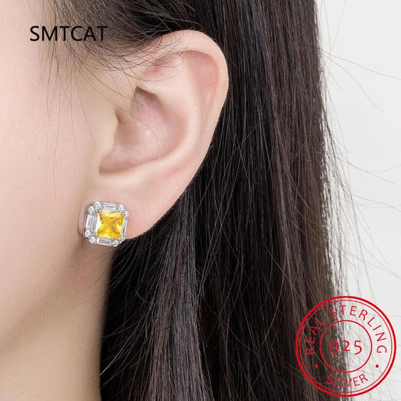 Chic 100% 925 Sterling Silver Citrine High Carbon Diamonds Gemstone Earrings Ear Stud lifestyle view