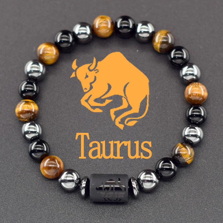 12 Zodiac Sign Bracelet Homme Constellation Bangle Natural Yellow Tiger Eye Stone H additional angle