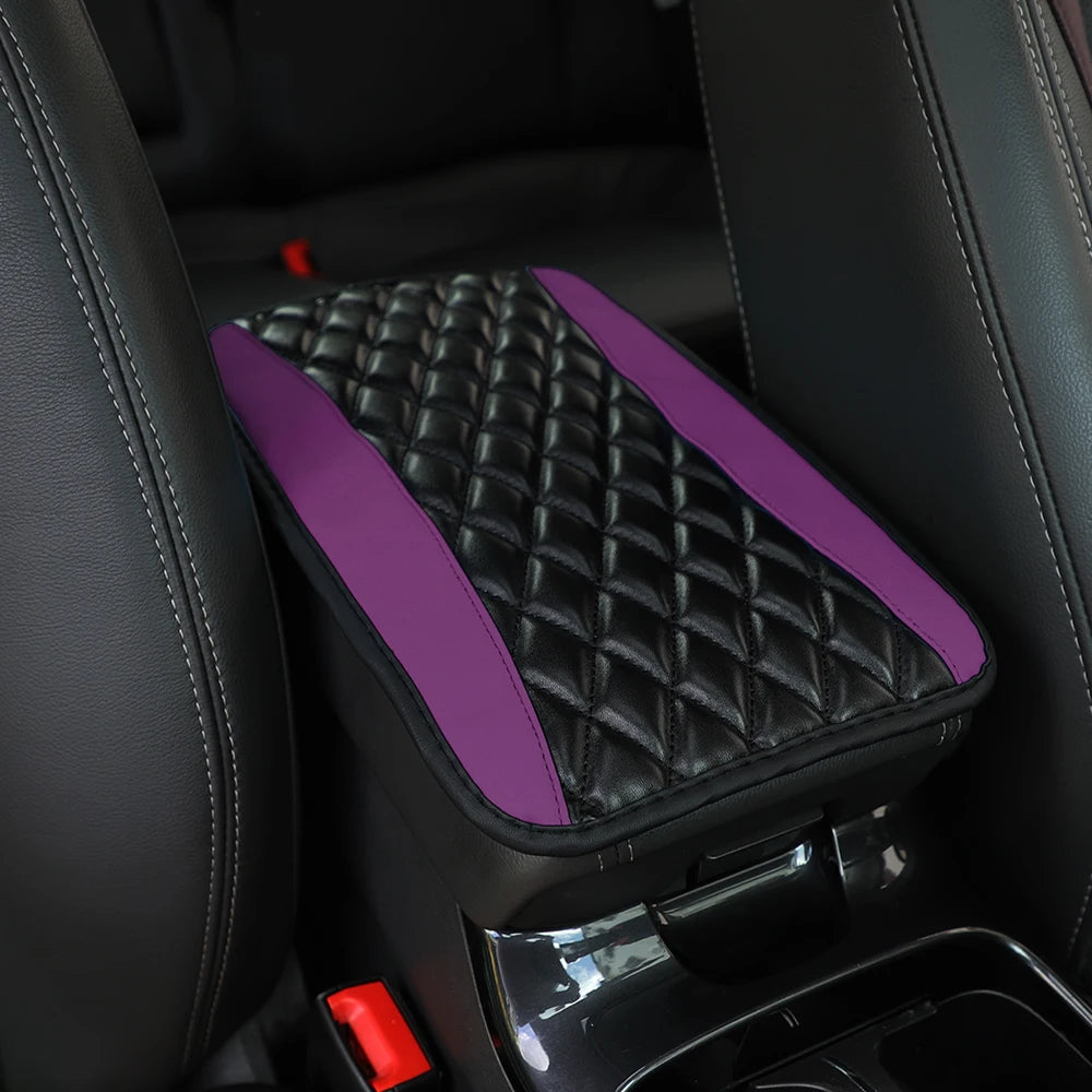 PU leather multi-color three-dimensional embroidered car armrest cushion, center conso close-up view