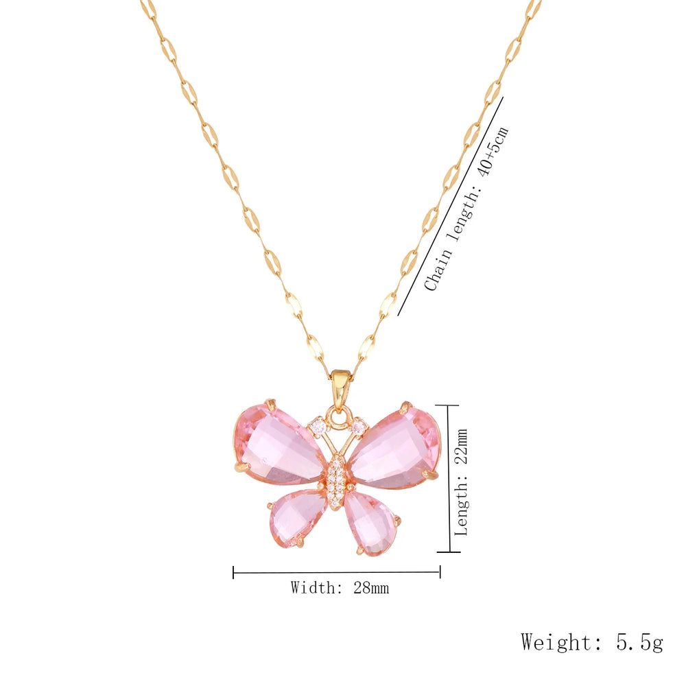 Elegant Pink Crystal Butterfly Necklace for Women High-End Zircon Flower Pendant Fash alternate view