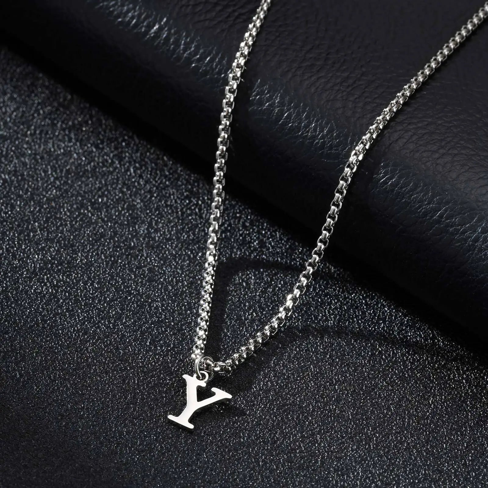 Minimal A-Z Initial Necklace for Men | Stainless Steel Letter Pendant close-up view