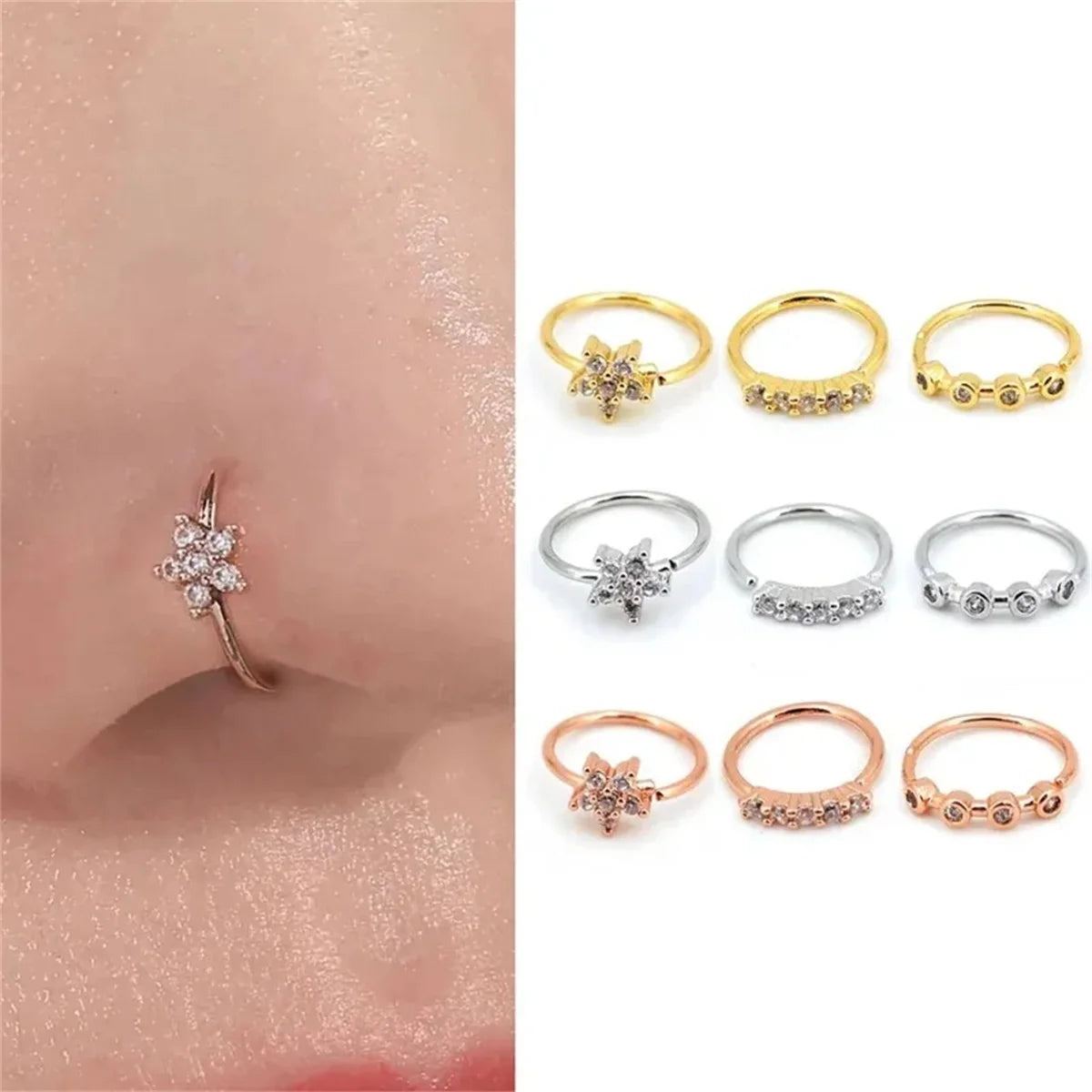 EVISPOL 3Pcs Fashion Zirconia Nose Rings for Women Adjustable Flower Hoop Rings Tragus Cartilage Ear