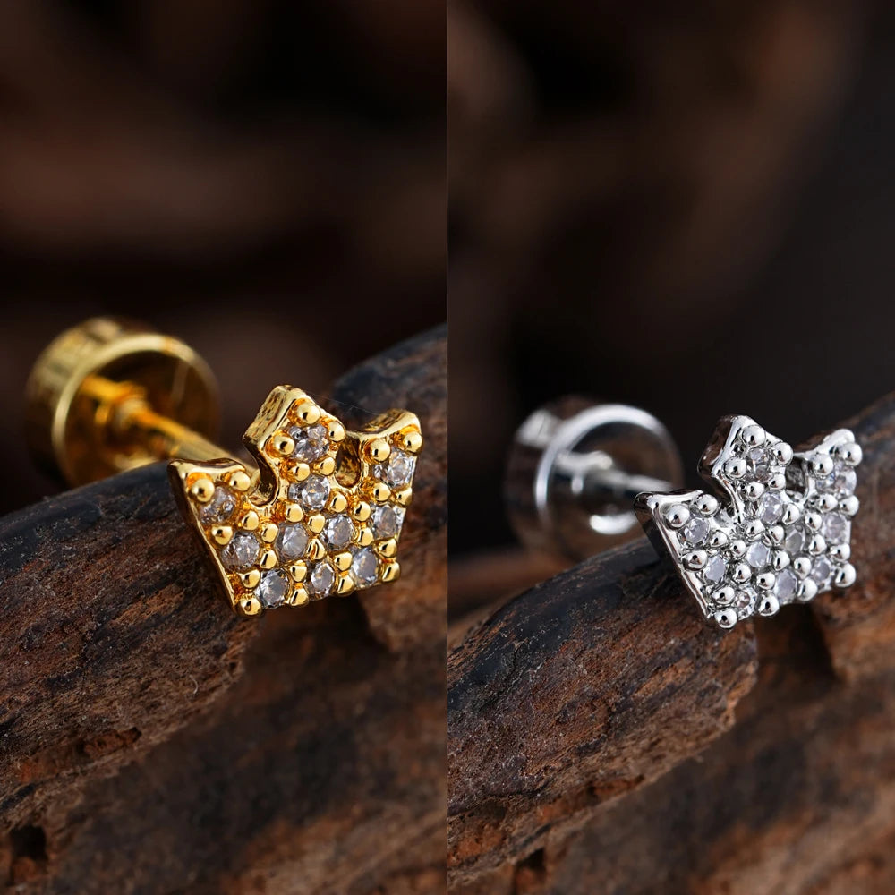 1pcs Crystals Zircon Ear Studs Smiling Crown Star-Style Earring Piercing Oreja Stainless Helix Cartilage Tragus Lobe Piercing