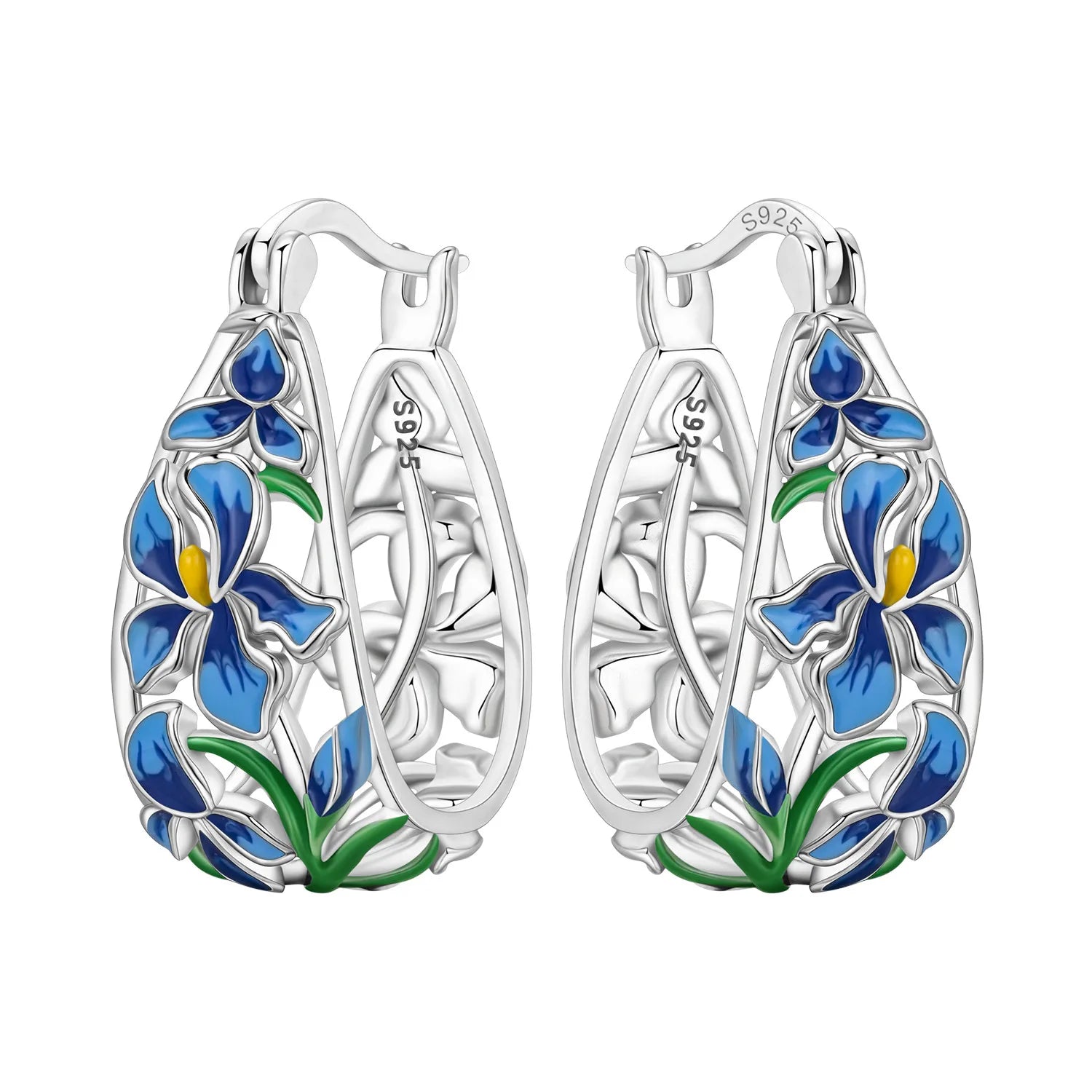 925 Sterling Silver Purple Flowers Plants Leaf Series Blue Iris Flower Earring Hoop Ea close-up view