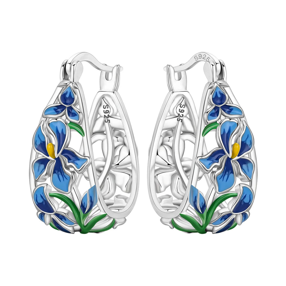 925 Sterling Silver Purple Flowers Plants Leaf Series Blue Iris Flower Earring Hoop Ea close-up view