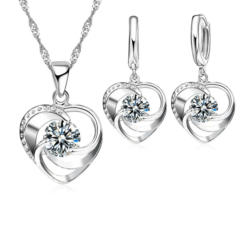 925 Sterling Silver Stamped Necklace Earrings Set Long Chain Sweet Romantic Style Love Heart Shape F