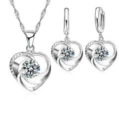 925 Sterling Silver Stamped Necklace Earrings Set Long Chain Sweet Romantic Style Love Heart Shape F