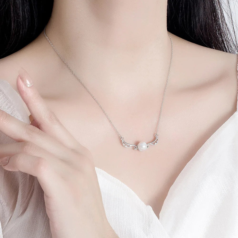 925 Sterling Silver Light Luxury Premium Wings Pearl Necklace Anniversary Birthday Pa lifestyle view
