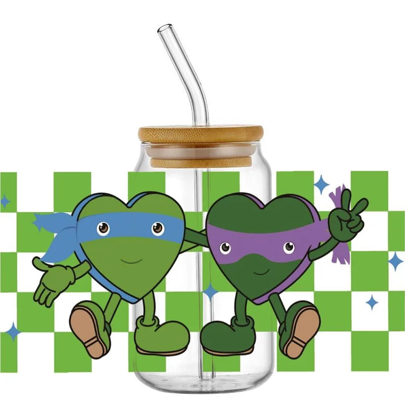 Cartoon Turtle Decal Stickers | Waterproof UV DTF Wrap for 16oz Libbey Glass detail view