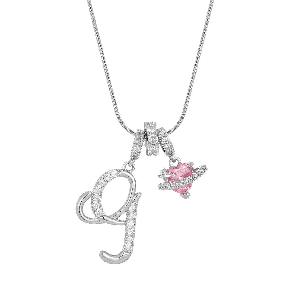 Fashion Letter Necklace for Women Pink Zircon Heart-shaped Pendant Suitable for Girls close-up view