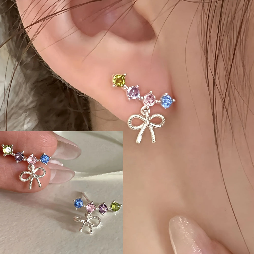 PANJBJ 925 Sterling Silver Bow Knot Earring for Women Texture Tassels Sweet Romantic alternate view