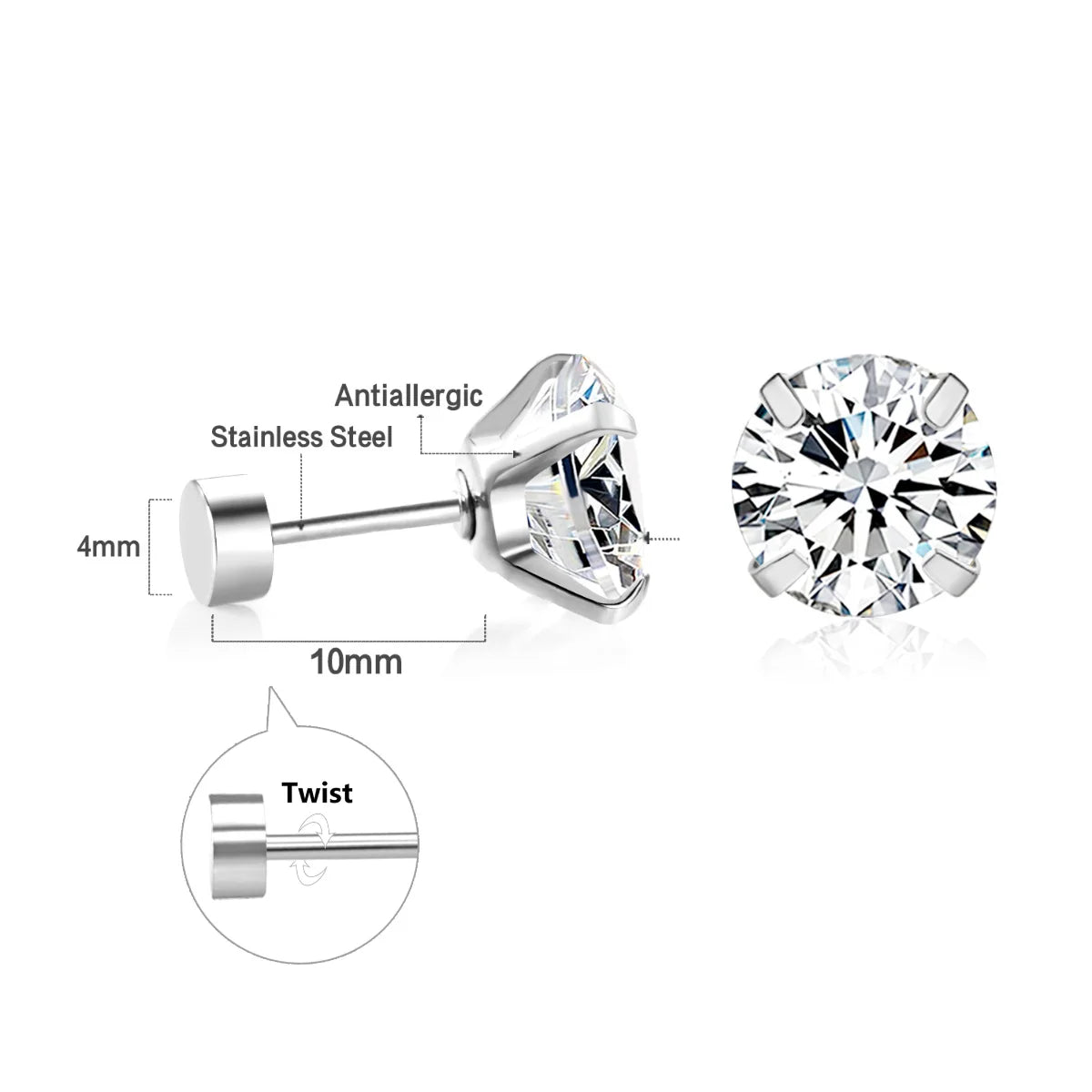 Surgical Steel Cubic Zirconia Stud Earrings | Unisex Screw-Back Earrings close-up view