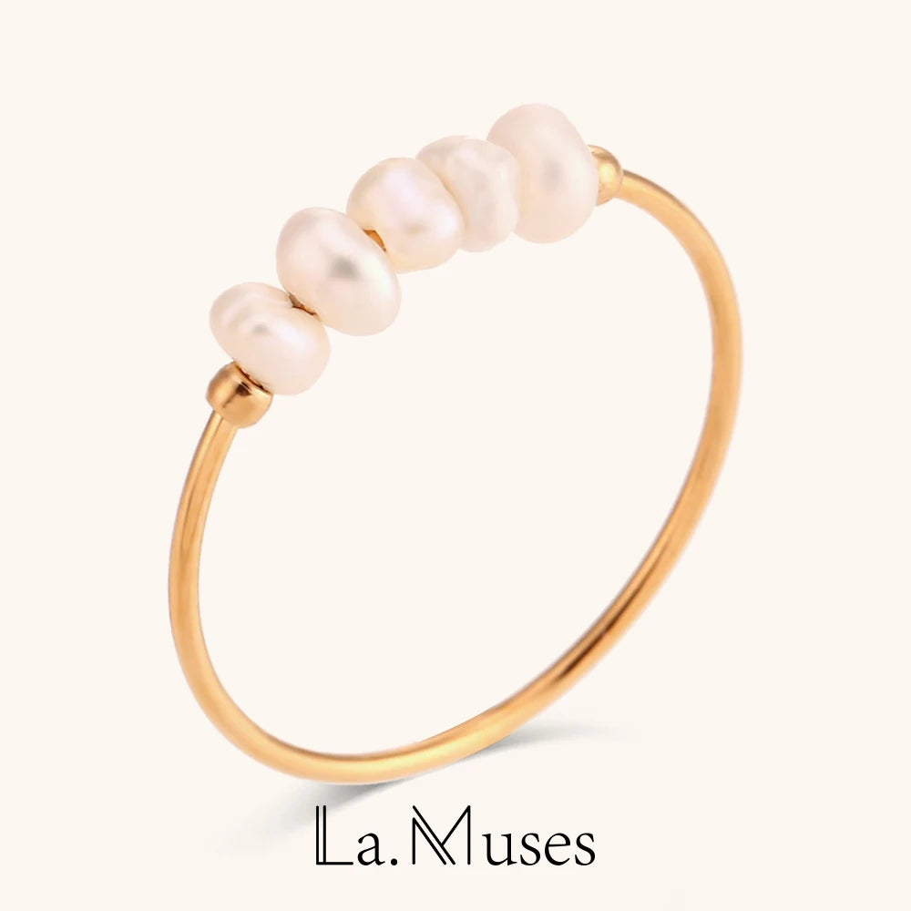 La. Muses Elegant Small Freshwater Pearl Stainless Steel Finger Rings Women Fashion Daily Waterproof