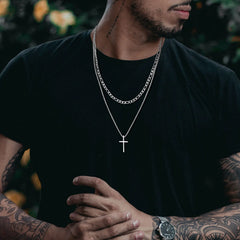 Men's Stainless Steel Layered Cross Necklace | Simple Prayer Pendant with Rope Box Ch alternate view