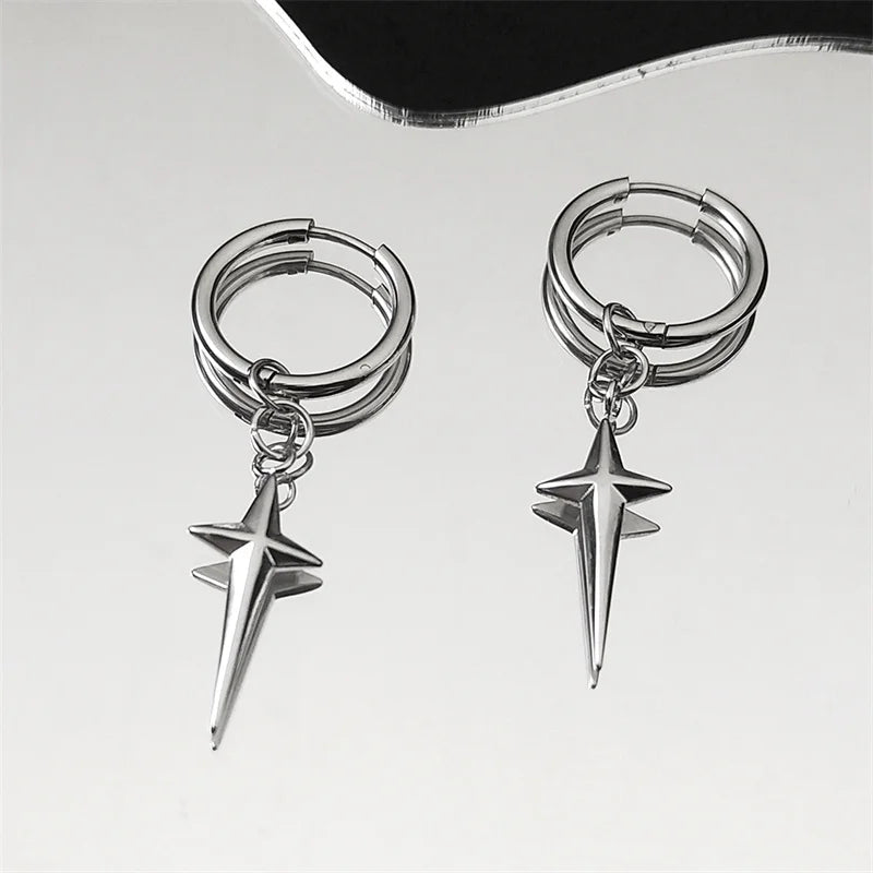 Stainless Steel Star Cross Hoop Earrings | Punk Kpop Y2K Drop Earrings for Women lifestyle view