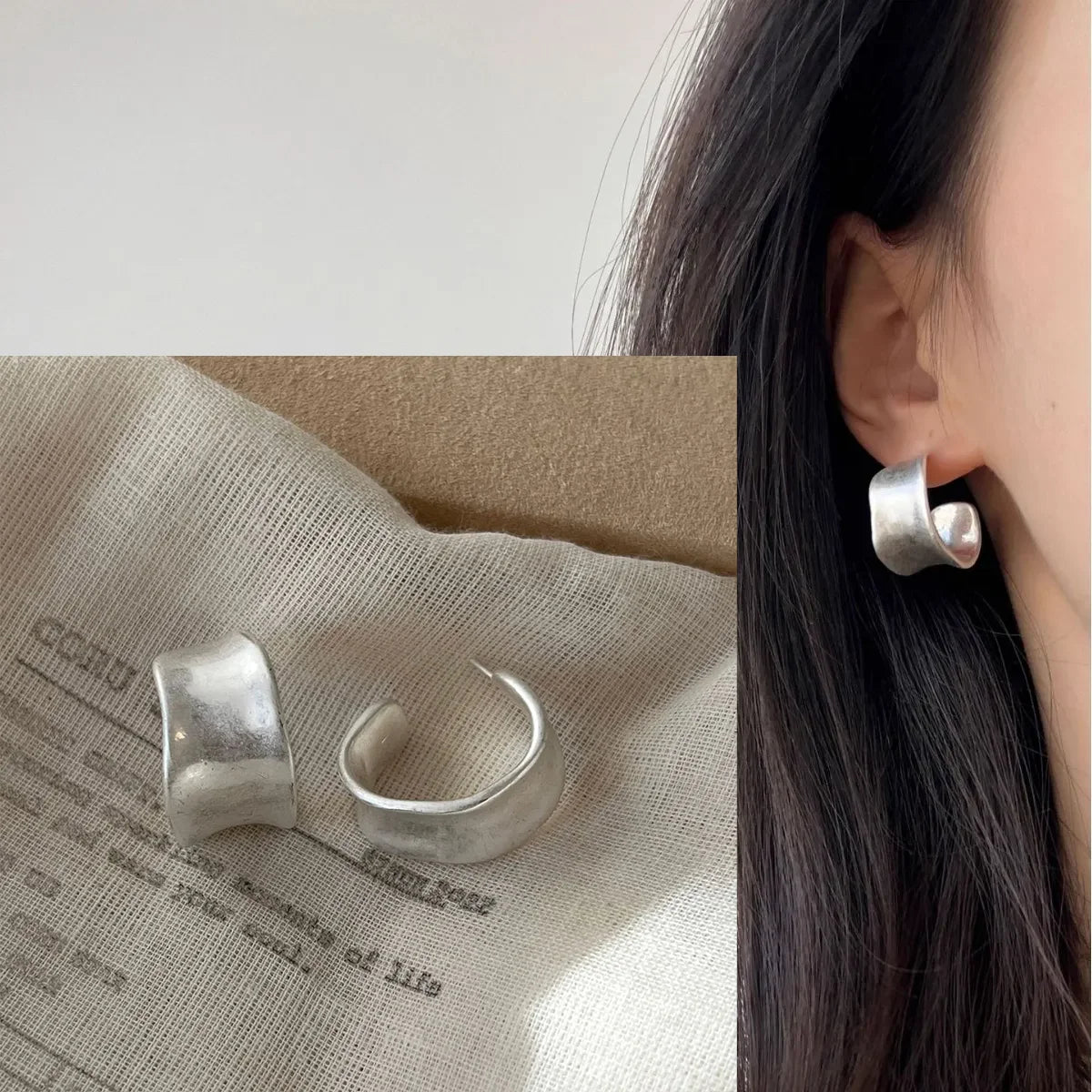PANJBJ925 Sterling Silver Frosting Hoop Earrings For Women Texture Geometry Design Trend Fashion Jewelry Gift