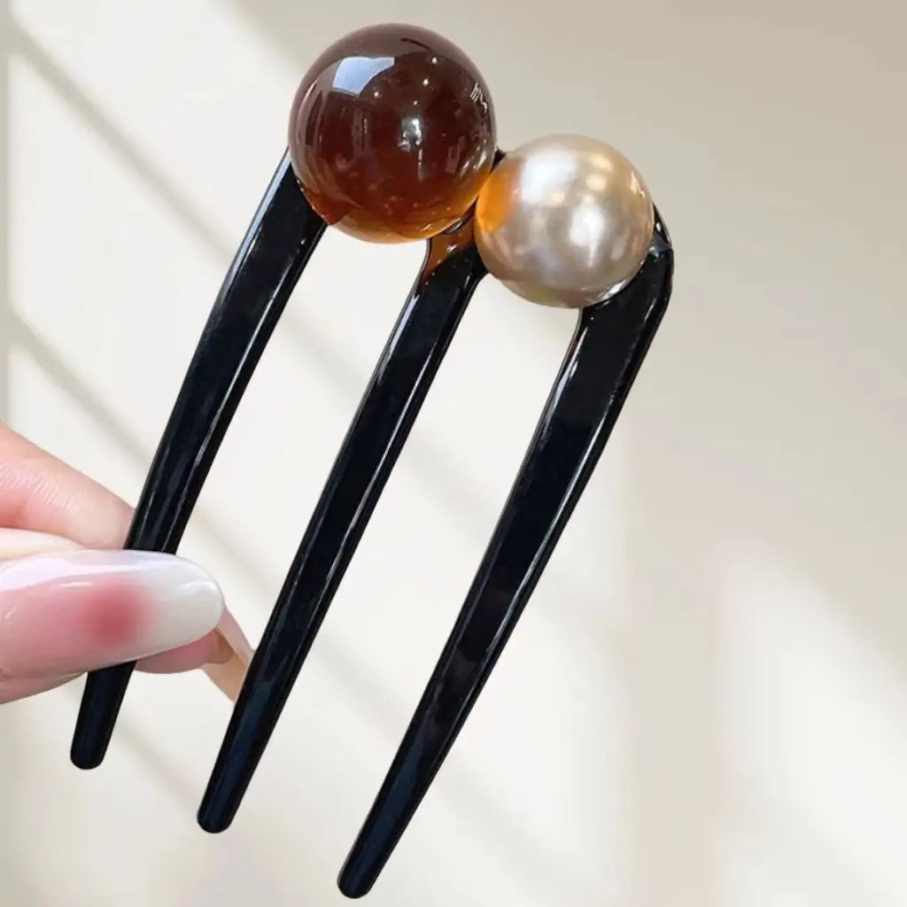 U-Shaped Hairpins French Twist Pearl Beads Hair Stick Hair Clip Acetate Vintage Tortoise Shell Women Hair Bun Pins Headwear Blac
