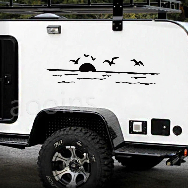 Sunset Over Ocean Scene RV Camper Decal | Beach Sunset Vinyl Sticker for Car Window La close-up view