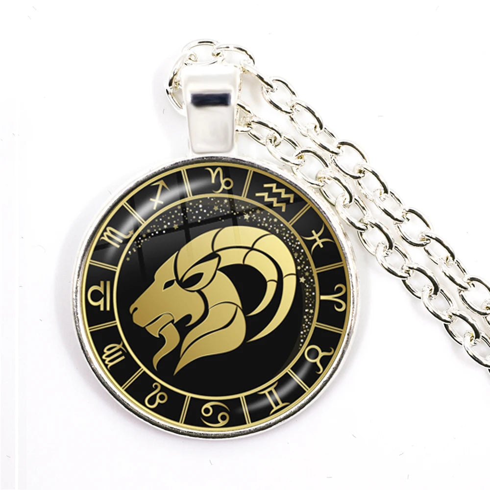 12 Constellation Zodiac Pendant Necklace | Antique Bronze Glass Dome Jewelry close-up view