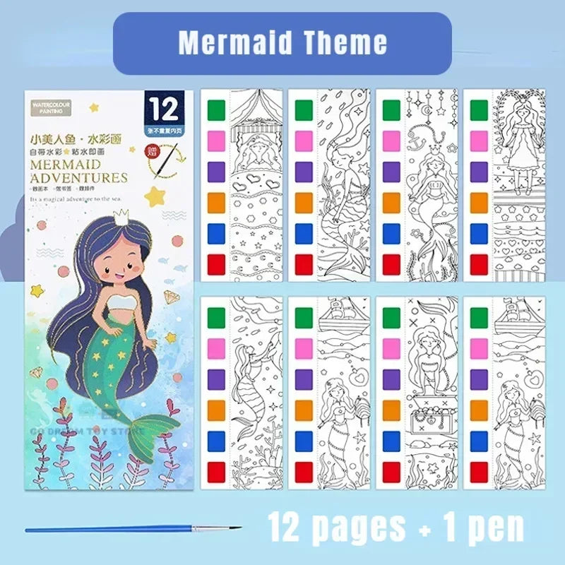 Kids Portable Watercolor Painting Book Paint With Water Brush Gouache Graffiti Picture close-up view
