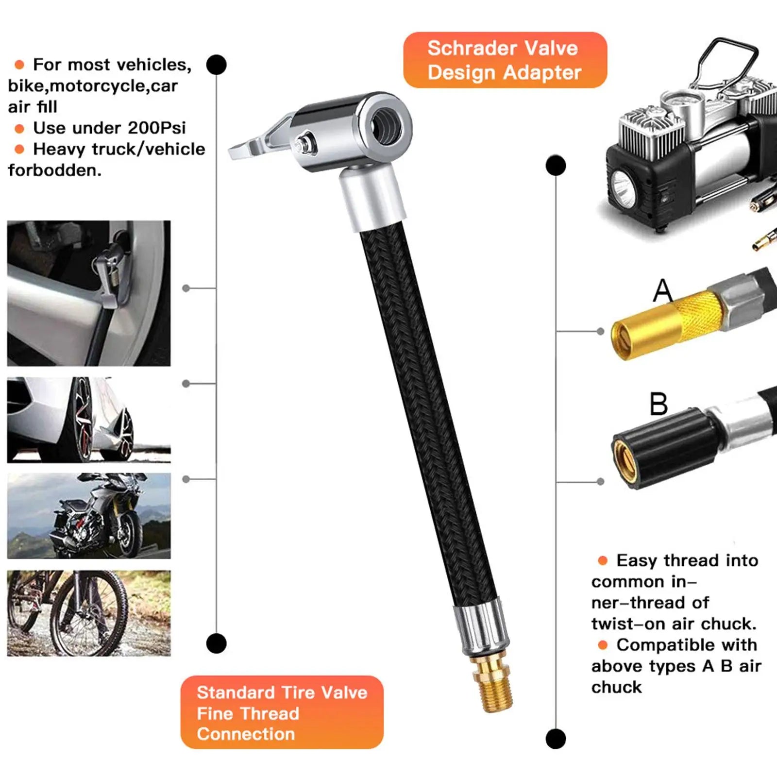 Flexible Steel Tire Valve Connection Tube Locking Car Accessories Air Chuck Air Pump Adapter Tube Extension K9R2