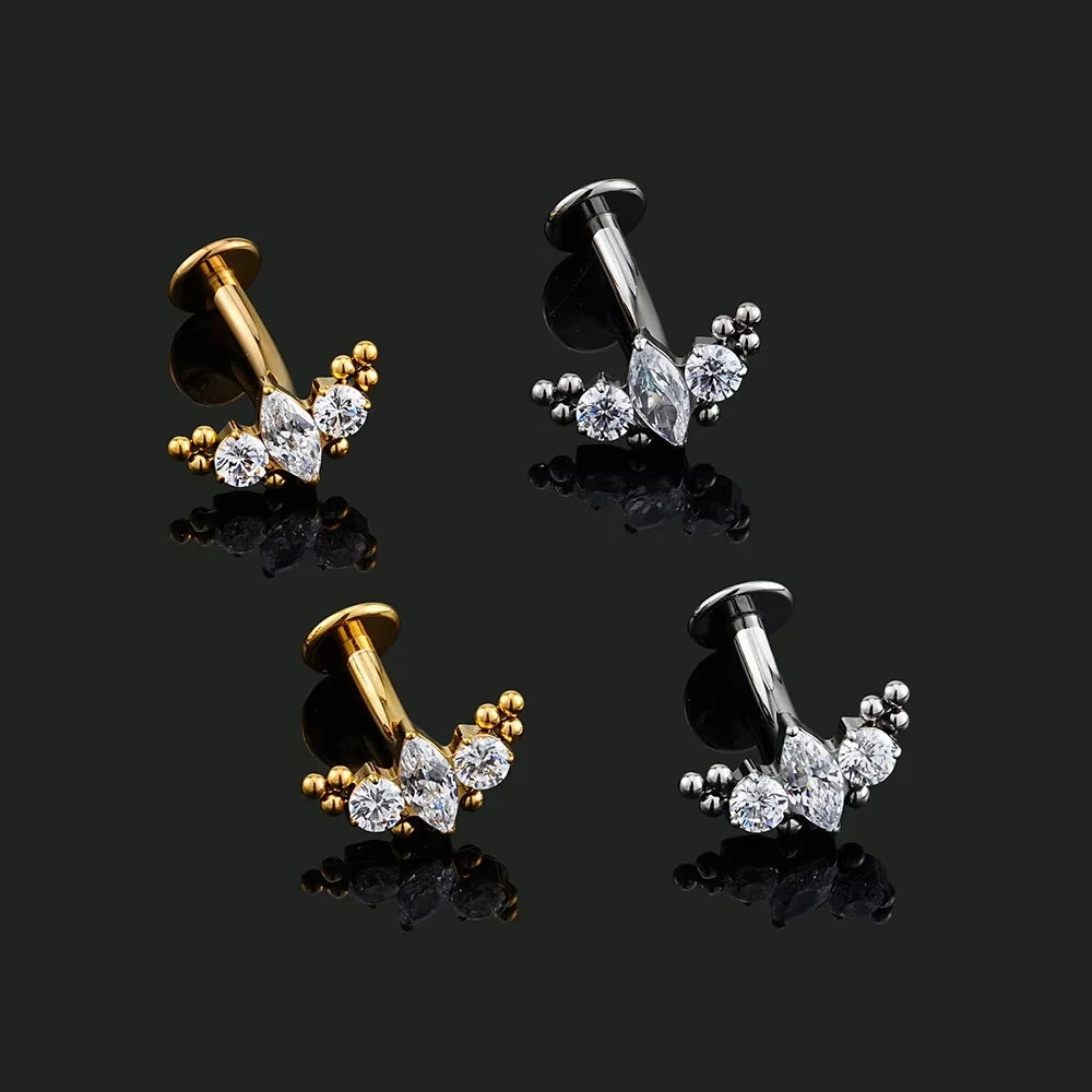 FTCY ASTM F136 G23 Titanium Leaf Branch Push In Threadless Labret Piercing Crystal Belly Button Ring