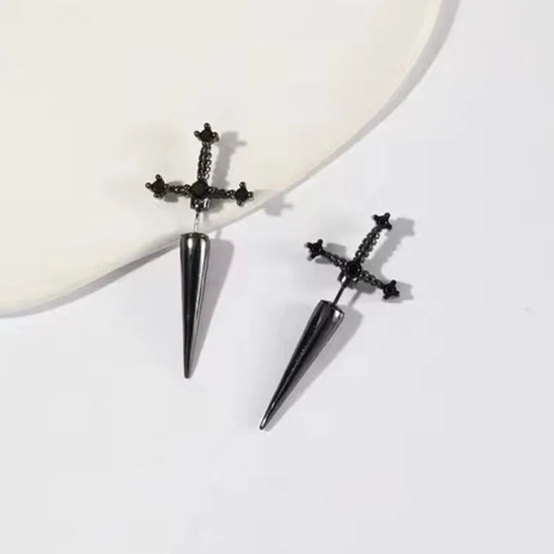 Gothic Kinitial Sword Earrings Vintage Cool Punk Crystal Ear Jacket Goth Dagger Earri alternate view