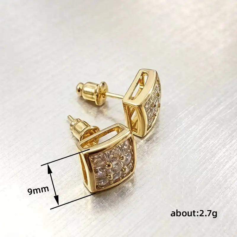 Huitan Luxury Gold Color Square Stud Earrings Women Ear Piercing with CZ Stone Simple lifestyle view