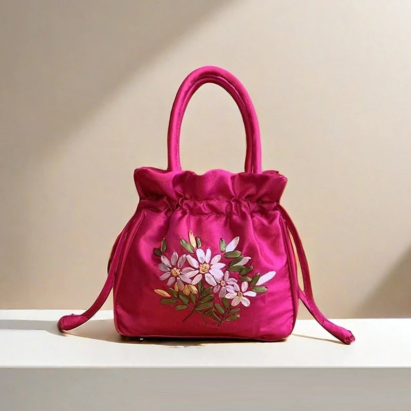 Small Embroidered Flower Bucket Bag | Women's Top Handle Drawstring Purse detail view