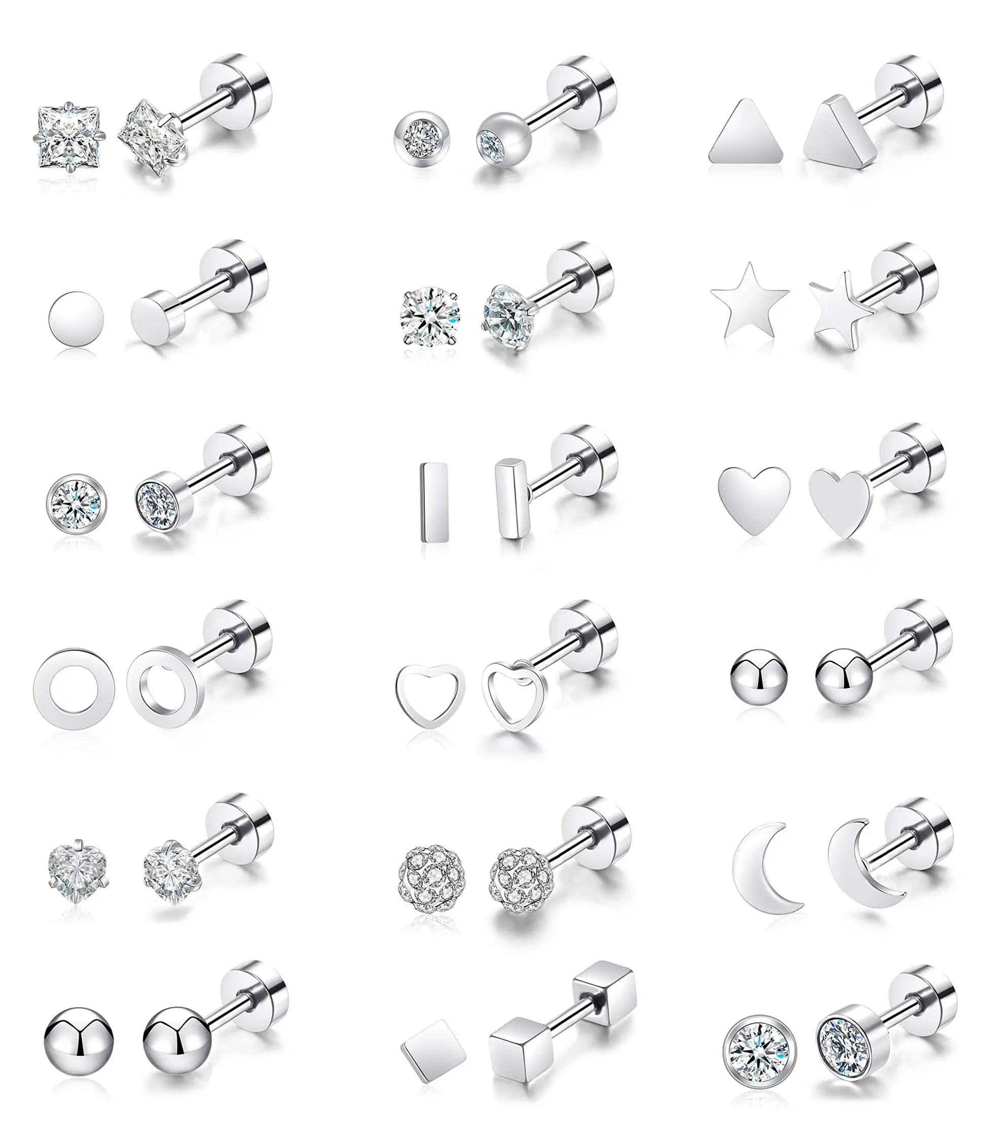 18 Pairs 14K Gold Plated Surgical Steel Screw Flat Back Stud Earrings Tiny Cartilage Earring Sets Fo